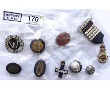 WW1 Selection of Home Front Lapel Badges.Including: Borough of Southend 1915. ... Colonial Governmant Service. ... Waste Pape