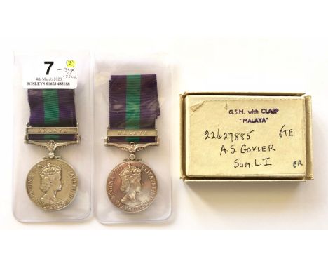 Somerset Light Infantry EIIR General Service Medals clasp “Malaya”. Two examples.Awarded to “23024562 PTE C. HOLLEY SOM L.I” 