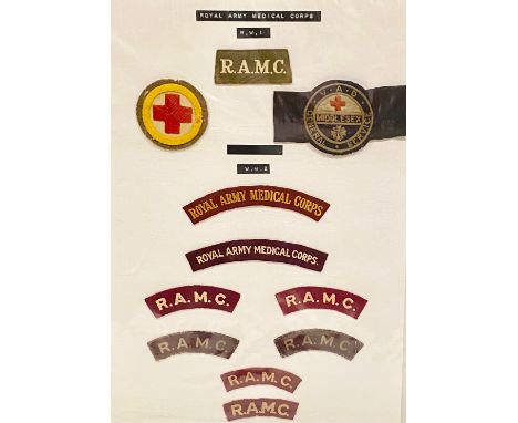 Royal Army Medical Corps card of cloth insignia.WW1 and WW2 selection of shoulder titles including a printed pair and two exa