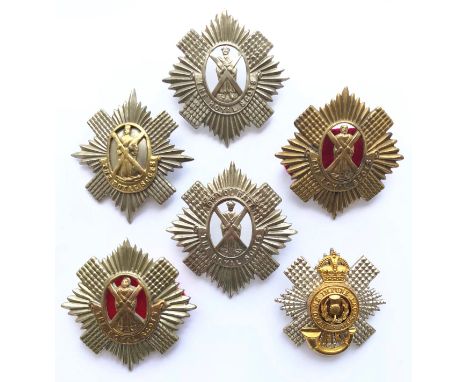 6 Royal Scots assorted glengarry badges.Pre 1881 (brooched) ... all white metal ... 1916 all brass ... regular ... 8th VB (re