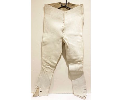 Household Cavalry White Buckskin Breeches.Cut high at the back, fly front and three buttons to each leg-opening, similar to p