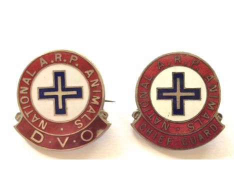 WW2 Home Front National ARP Animal Guard “District Veterinary Officer” &amp; “Chief Guard” Lapel Badges.Both examples by Vaug