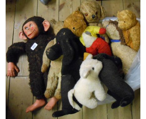 A quantity of vintage stuffed and other toys including ship, poodle, teddy bears, etc.