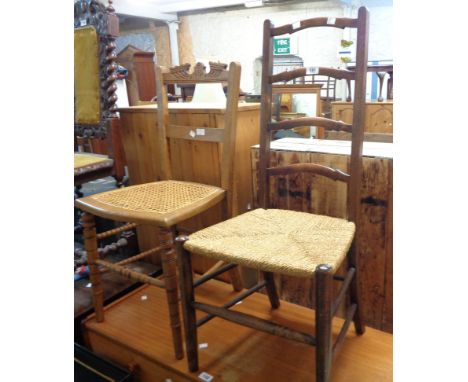 A ladder back chair and a rattan seated chair - various condition