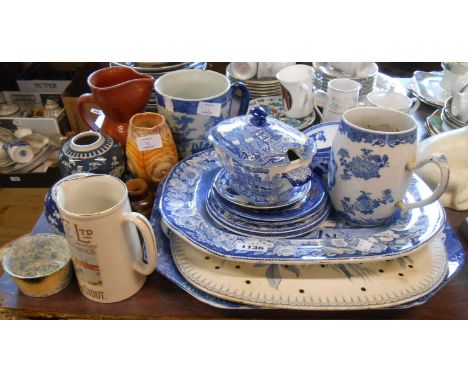 A quantity of blue and white and other ceramics including 19th Century Chinese barrel form tankard, Wild Rose and Spode Itali