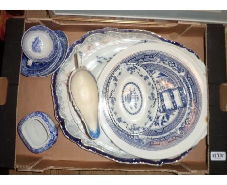 A box containing a small quantity of blue and white and other china including Copeland Spode, etc.