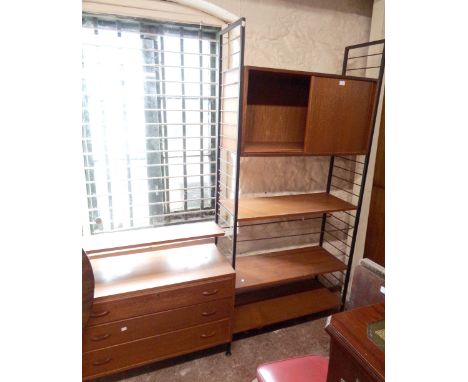 A 1.8m wide vintage Ladderax teak effect unit with three ladders, shelves, sliding door cupboard and three drawer chest