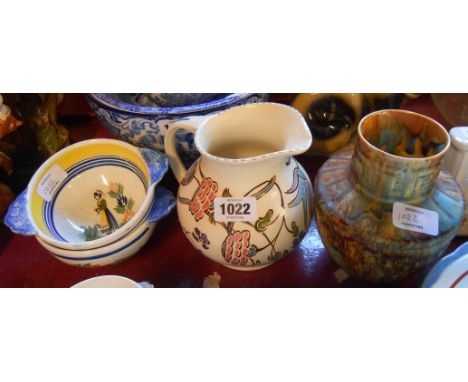 Two Quimper bowls - sold with a Honiton pottery jug and Crown Devon vase