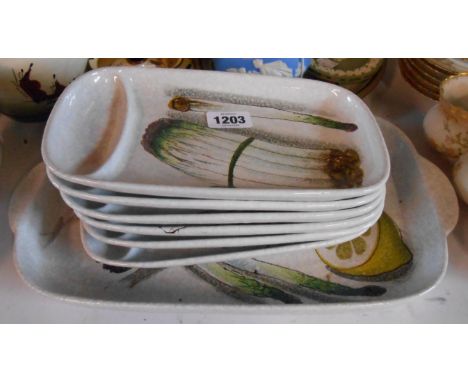 A vintage Italian pottery asparagus dish set comprising large serving platter and six individual dishes