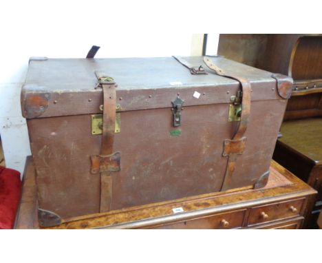 A 92cm vintage Pukka Luggage weather coated travelling trunk with tray fitted interior and leather bound corners - 1 strap a/