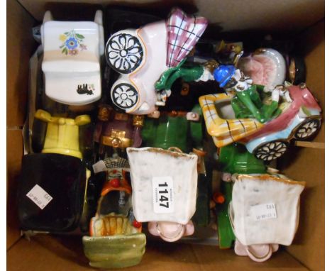 A selection of vintage ceramic model cars including Italian, Brixham Pottery, etc.