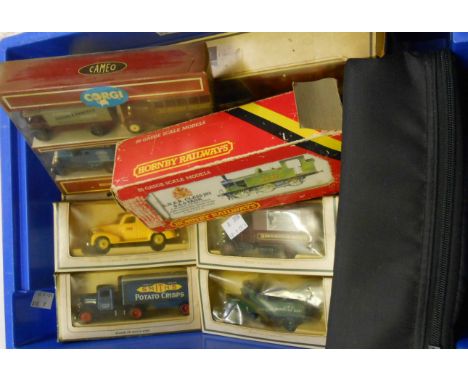 A blue crate containing boxed Days Gone vehicles and a Hornby tank engine, etc.