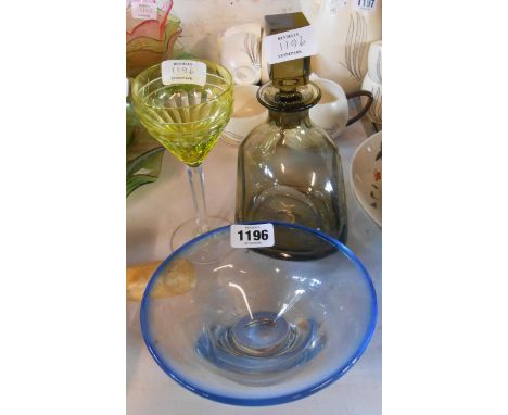 A Val St. Lambert hock glass - sold with a vintage smokey glass cut sided decanter and a blue art glass bowl