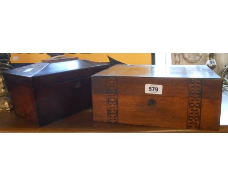 A Victorian sewing box with Tunbridge ware banding and mother-of-pearl inlay with contents - sold with a rosewood veneered sa