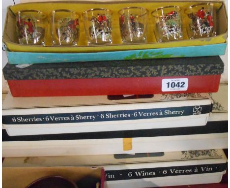 Five boxes of vintage glassware including hunting scene shot glasses, etc.