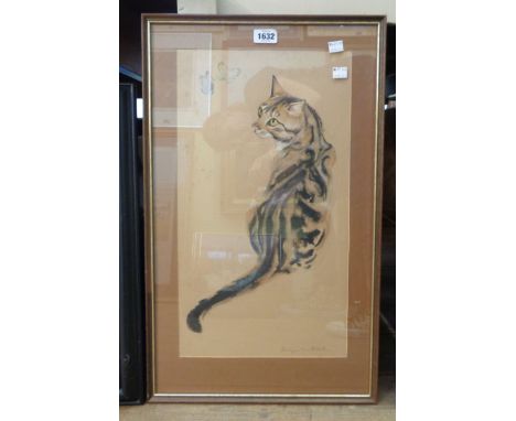 Seija Wentworth: A framed vintage mixed media study of a tabby cat entitled The Butterfly Fancier - signed - buff fading