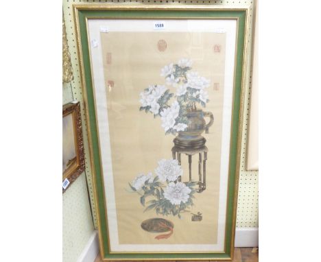 A framed 20th Century Chinese paining on silk, depicting a jardinière on stand with flowers - five seal stamps and paper stri