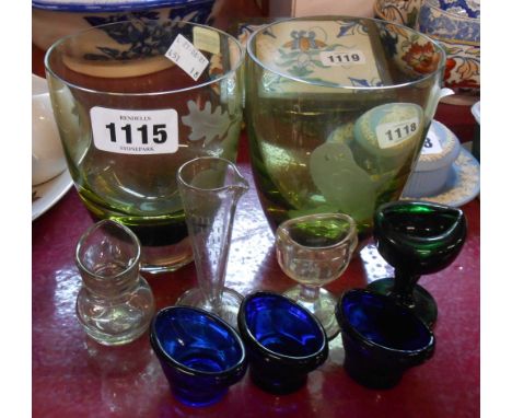 Two Caithness glass vases engraved with a squirrel and an owl - sold with six vintage glass eye baths and an old glass measur
