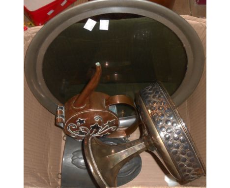 A vintage pewter and smokey glass tray, a pewter embossed wall pocket, silver plated comport and a small copper watering can