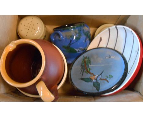 A small box containing assorted ceramic items including vintage West German bowl, Torquay Ware, etc.