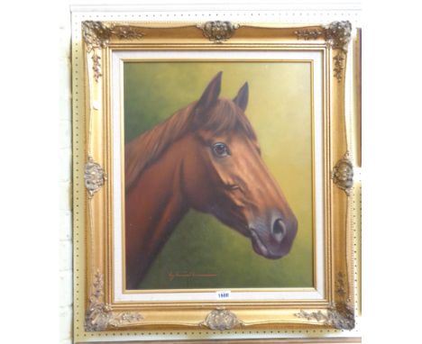A vintage gilt and hessian framed hand finished print on canvas, study of a horse's head