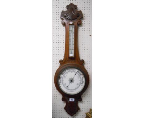 A late Victorian stained and carved oak banjo barometer/thermometer a/f