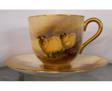 A Royal Worcester demi-tasse coffee cup and saucer handpainted with sheep in a moorland landscape signed A. Barker