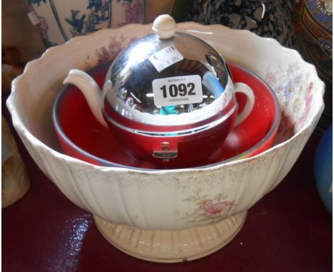 A vintage Art Deco style teapot with chrome plated cosy cover - sold with a stencilled bowl and a large junket bowl - various