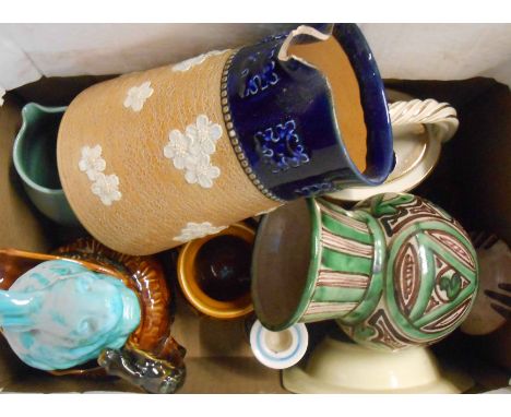 A box containing assorted ceramic items including Doulton Lambeth, Buchan, etc.