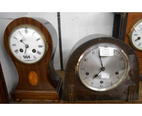 An Edwardian inlaid mahogany cased balloon shaped table clock with French eight day bell striking movement - sold with a Vint