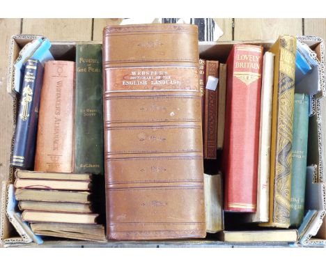 A selection of vintage and other assorted books including a large half bound copy of Webster's Dictionary Of The English Lang