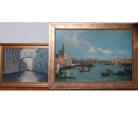 A print after Canaletto and an oil on canvas signed: 'G. Philippson', (44x65 cm largest). (2)