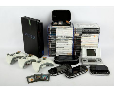 A large assortment of games and consoles from the 2000s Includes: PS2 Console, 32 PS2 Games, PS Vita, PSP Go, PSP Console (x2
