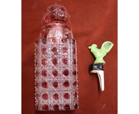 Vintage Red &amp; Clear Glass Decanter with Stopper (damaged stopper). Height 9" and a wine stopper with Green Ceramic Cocker