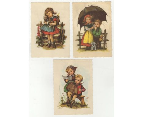 Hilde 1970s Vintage German Art Postcards (3) cute children with their puppy and accordion playing. Unused, imported by Post C