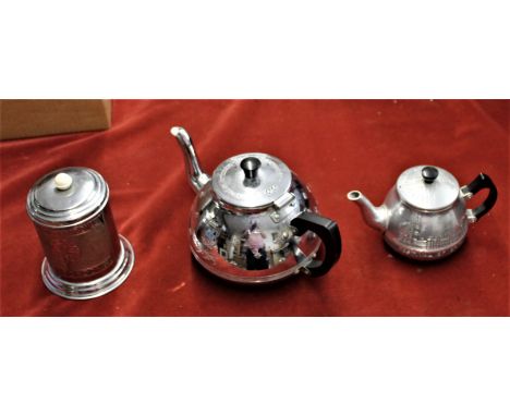 1951 Festival of Britain small souvenir tea pots (2) and tea Caddy, chromed bodies with Bakelite handles and in excellent con