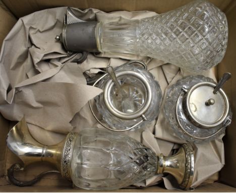 Vintage Crystal ware Silver plate items - a Brandy Decanter and Port decanter with two vintage silver plate EPNS sugar bowls 