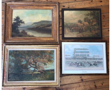 Four framed pictures including: Print of the Epsom horse racing scene "The Grand Stand", possibly Charles Mayes Wigg original