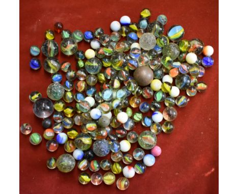 Marbles - a large accumulation in a bag  with many vintage types including core swirls, clear, opaque white marbles with diff