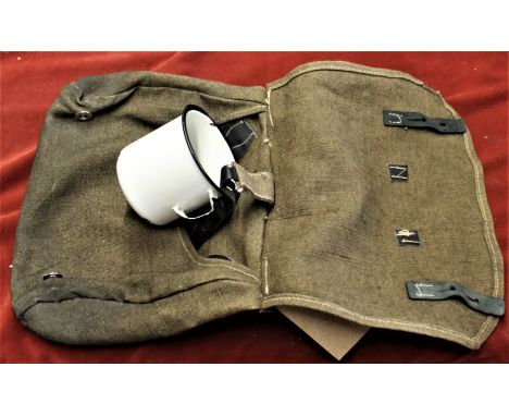 German Reproduction WWII M31 Pattern  Brotbeutel Knapsack and enamel mug said to have been used on the set of the film Fury. 