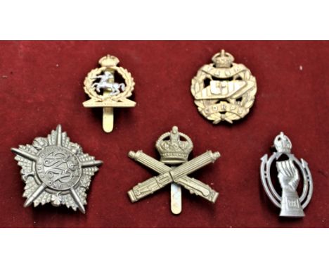 British Military Cap Badges (5) including: Tank Corps, Royal Armoured Corps, Machine Gun Corps, Machine Guns Guards and Royal