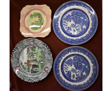Plates; Royal Doulton The Chatham,  W R Midwinter Landscape Plate and 2 Old Willow Alfred Meakin Willow Pattern Plates (4)