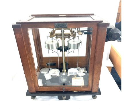 Vintage cased scientific scales mode A.D.2 measures approx 18 inches tall by 18 inches wide and 9.5 deep 
