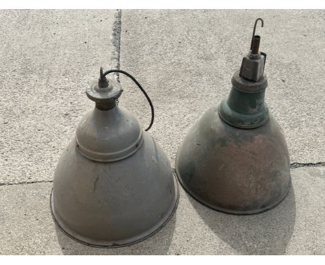 Two industrial enamel vintage lights measures 21 inches tall by 18 inches diameter 