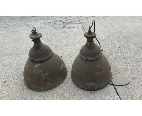 Two industrial enamel vintage lights measures 21 inches tall by 18 inches diameter 
