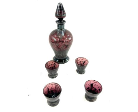 Vintage glass inlaid decanter and glass set 