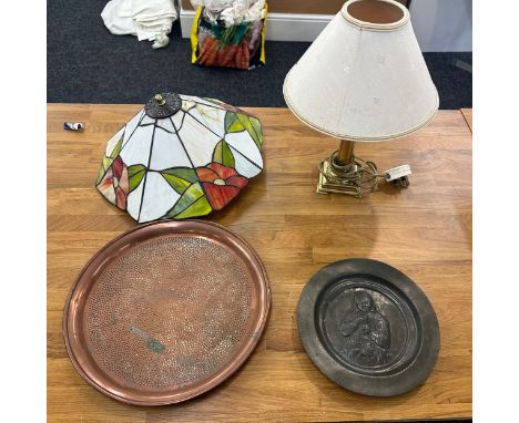 Selection of vintage items to include a tiffany style lamp some damage, brass lamp, copper tray and a pewter wall hanging pla