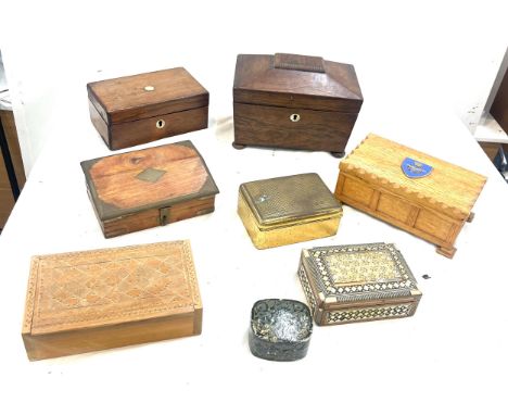 Selection of assorted boxed includes tea caddy, wooden inlaid boxes etc 