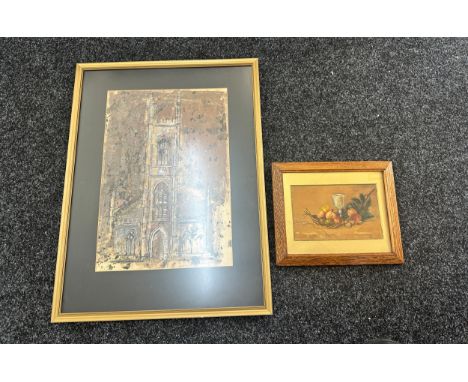 Signed framed painting depicting fruit and one other print largest measures approx 27 inches tall by 10 inches wide 