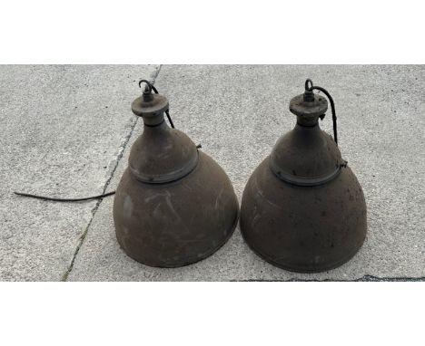 Two industrial enamel vintage lights measures 21 inches tall by 18 inches diameter 